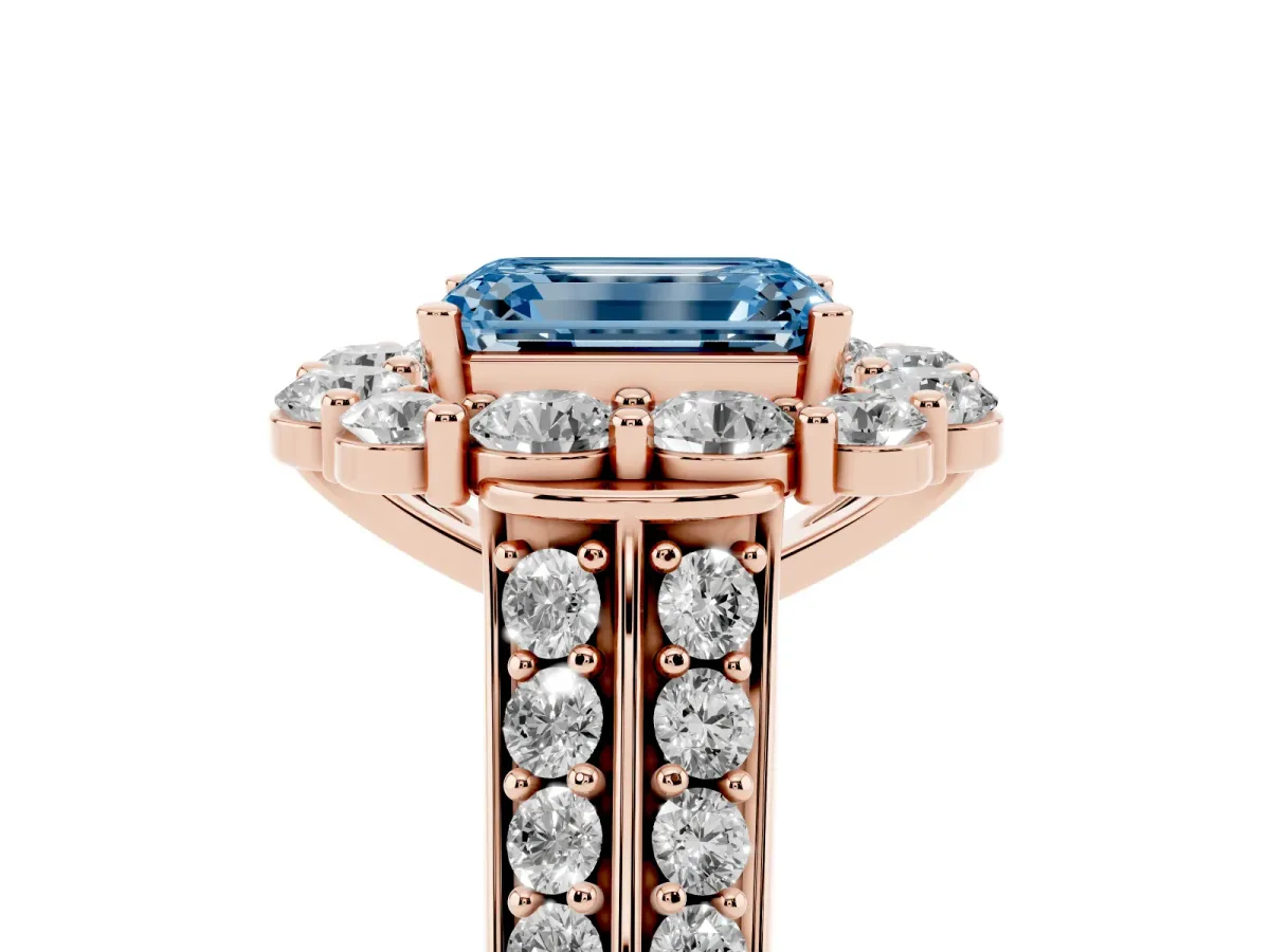 Fancy Blue Emerald Cut Halo Diamond Engagement Ring with Split Shank and Prong Setting Rose gold