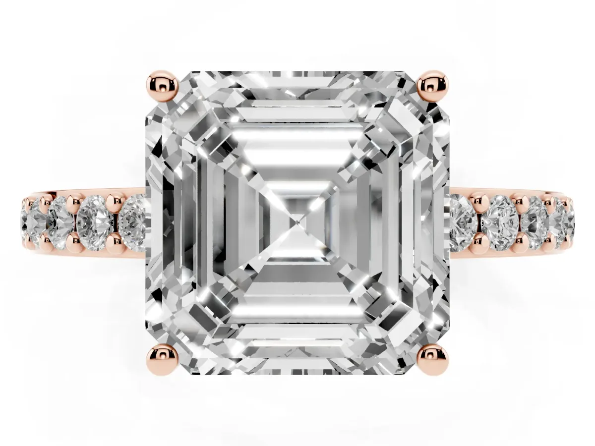Asscher Cut Cut Diamond Solitaire with Pave Band and Four-Prong Setting Rose gold