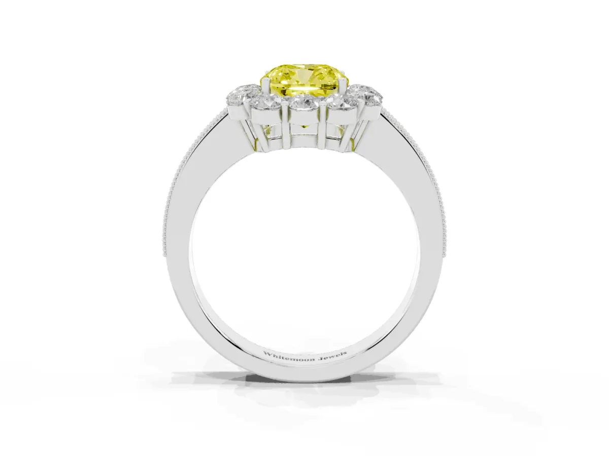 Fancy Yellow Cushion Cut Cut Halo Diamond Pavé Engagement Ring with Milgrain Detailing White gold