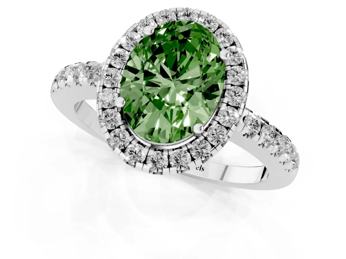 Fancy Green Oval Cut Halo Diamond Engagement Ring with Pavé Band and Four-Prong Setting White gold