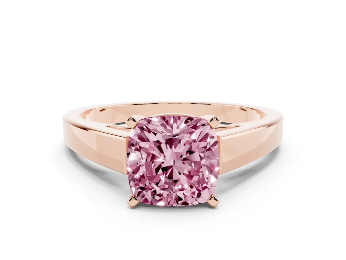 Fancy Pink Cushion Cut Solitaire Engagement Ring with Four-Prong Setting and Tapered Band Rose gold