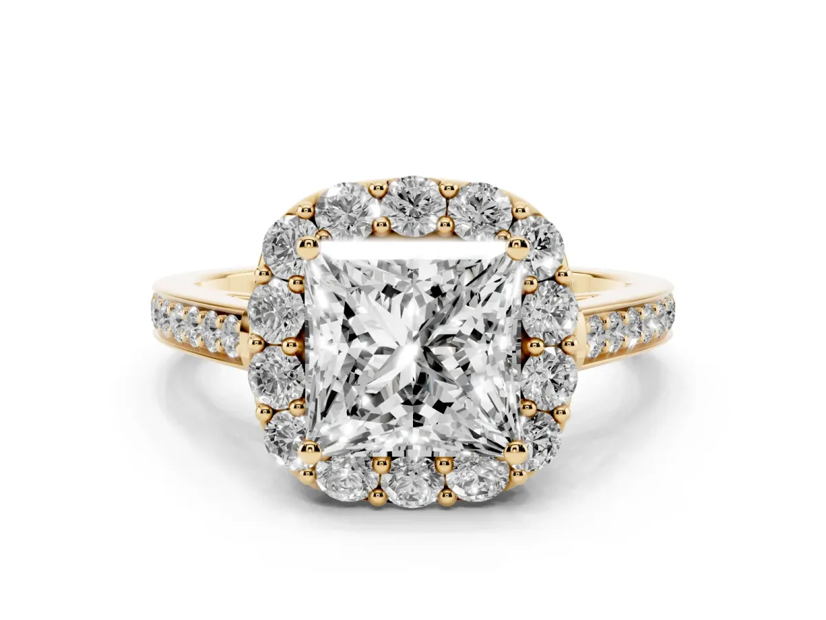 Princess Cut Diamond Floral Halo Ring with Pavé Band and Prong Setting Yellow gold