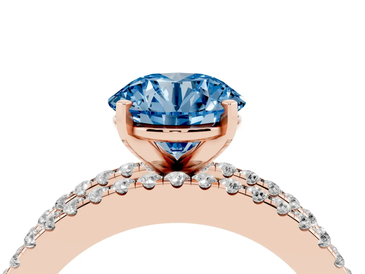 Fancy Blue Round Cut Diamond Solitaire Ring with Pavé and Channel Set Band Rose gold
