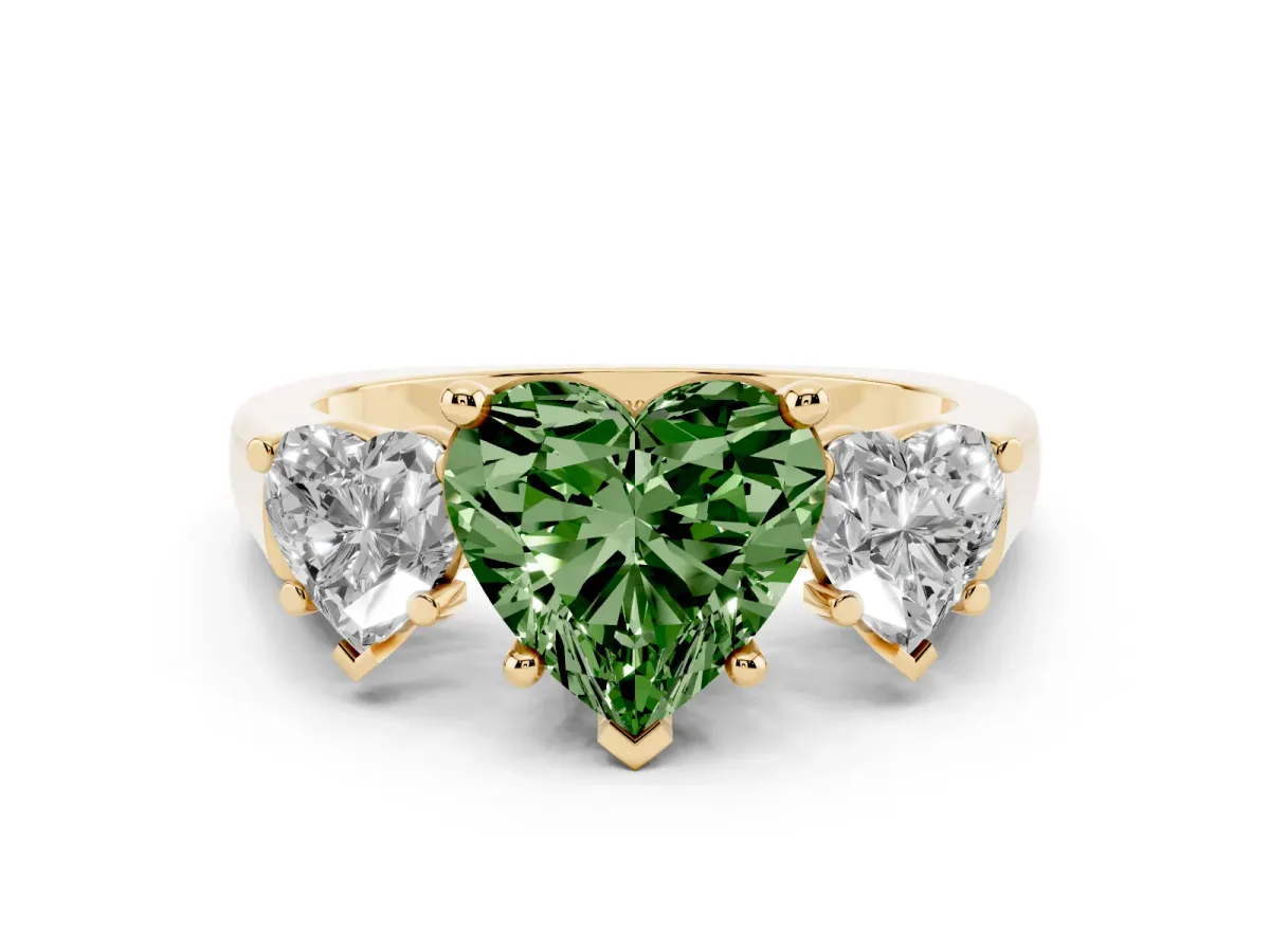 Fancy Green Three-Stone Heart Cut Brilliant Diamond Trellis Ring with Comfort Fit Band Yellow gold