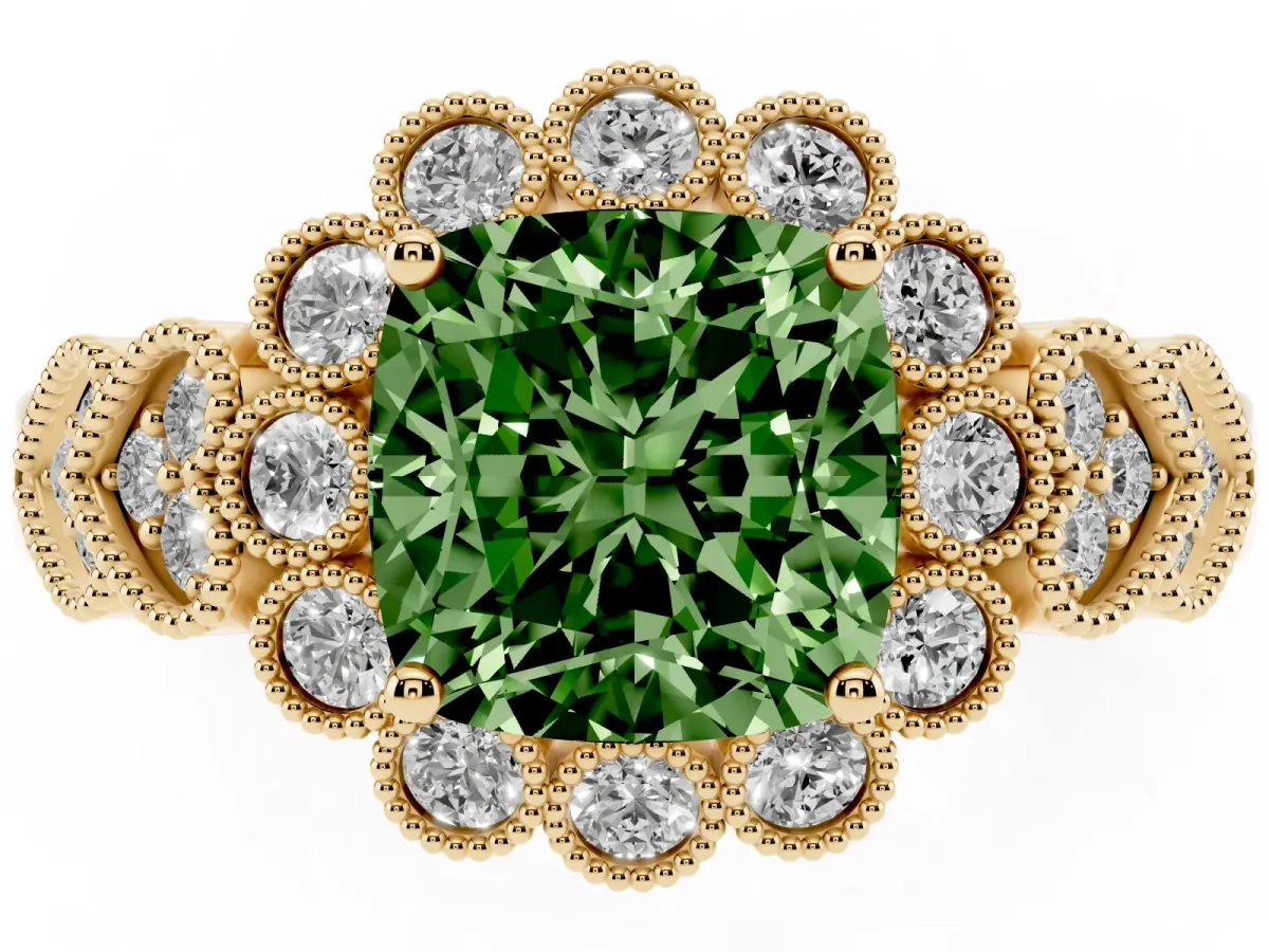 Fancy Green Cushion Cut Brilliant Milgrain Pave Heart Band Solitaire Ring Yellow gold