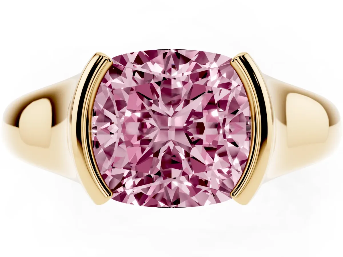 Fancy Pink Cushion Cut Solitaire Tension Set Diamond Ring with Split Shank Band Yellow gold