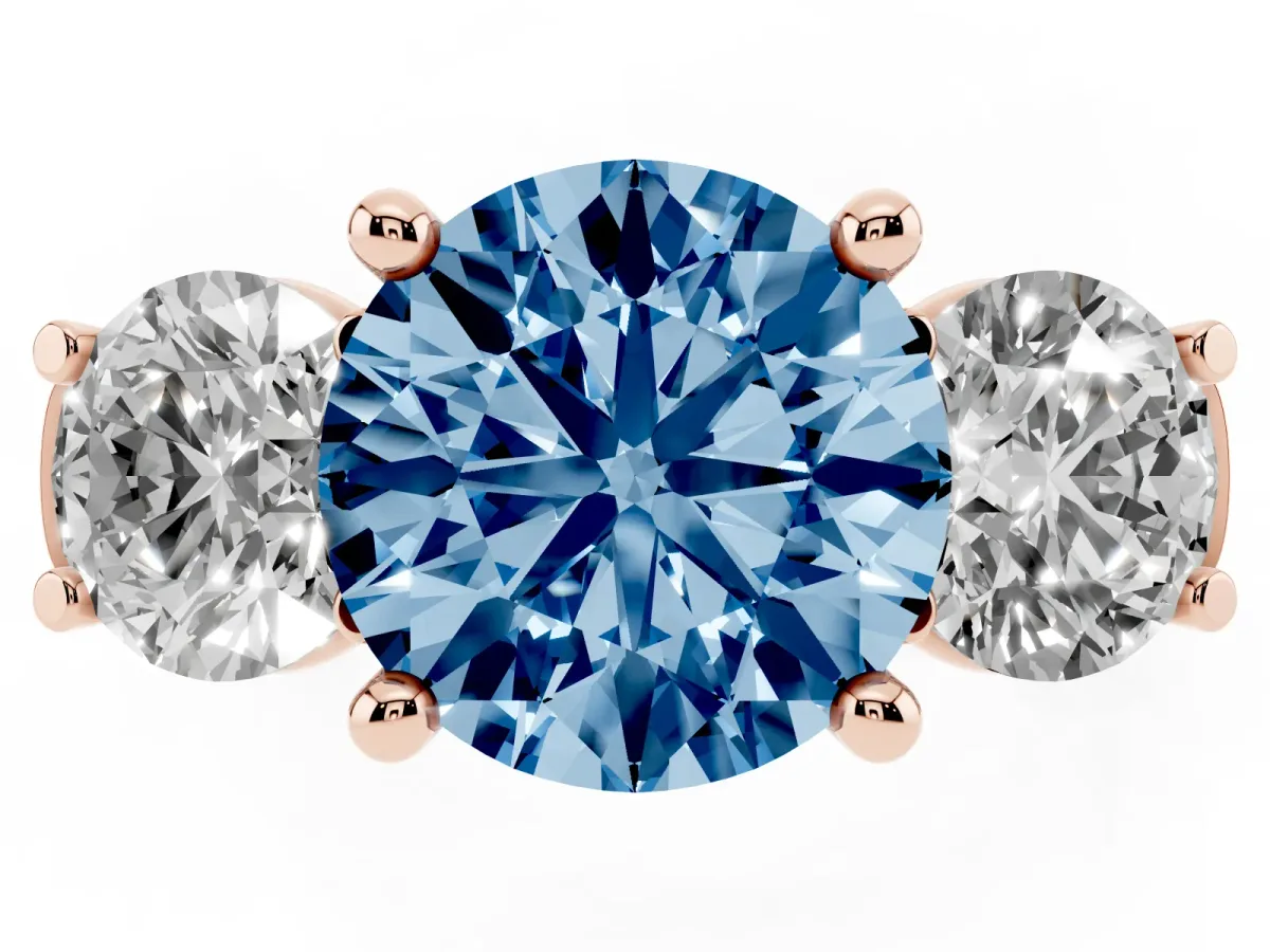Fancy Blue Three-Stone Round Cut Brilliant Diamond Trellis Ring with Comfort Fit Band Rose gold