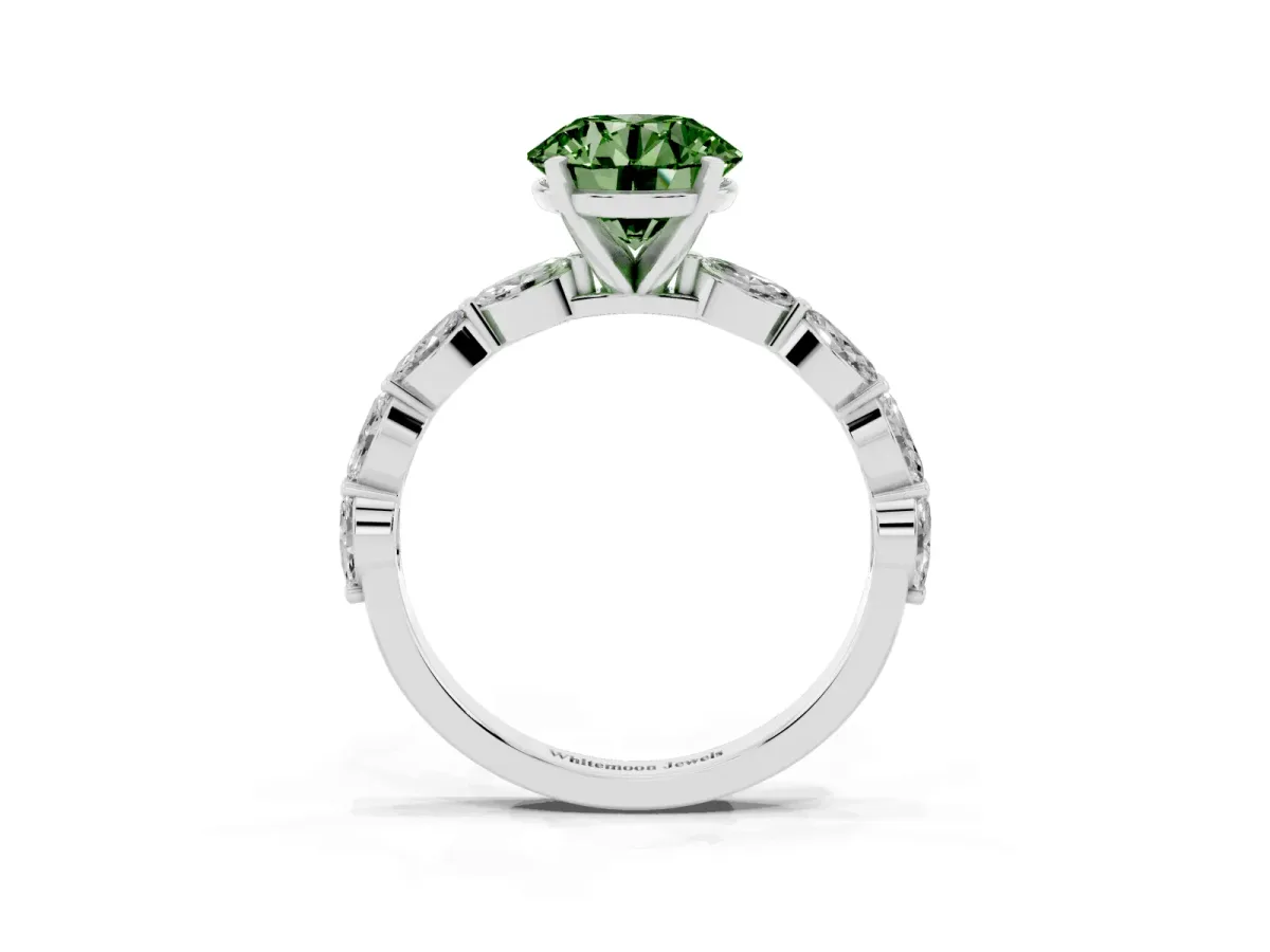 Fancy Green Round Cut Diamond Ring with Marquise Side Stones and Prong Setting Silver