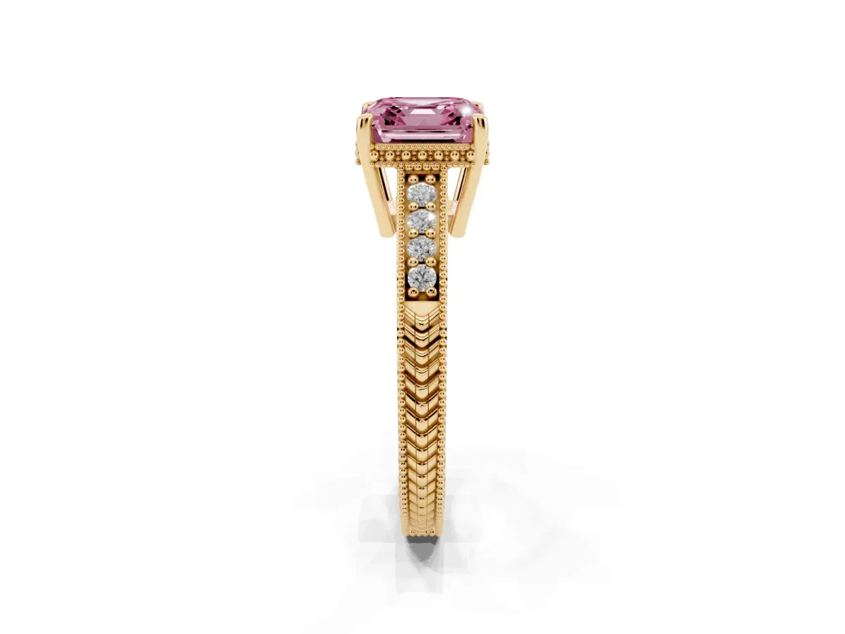 Fancy Pink Asscher Cut Solitaire Pavé Diamond Milgrain Engagement Ring with Four-Prong Setting Yellow gold
