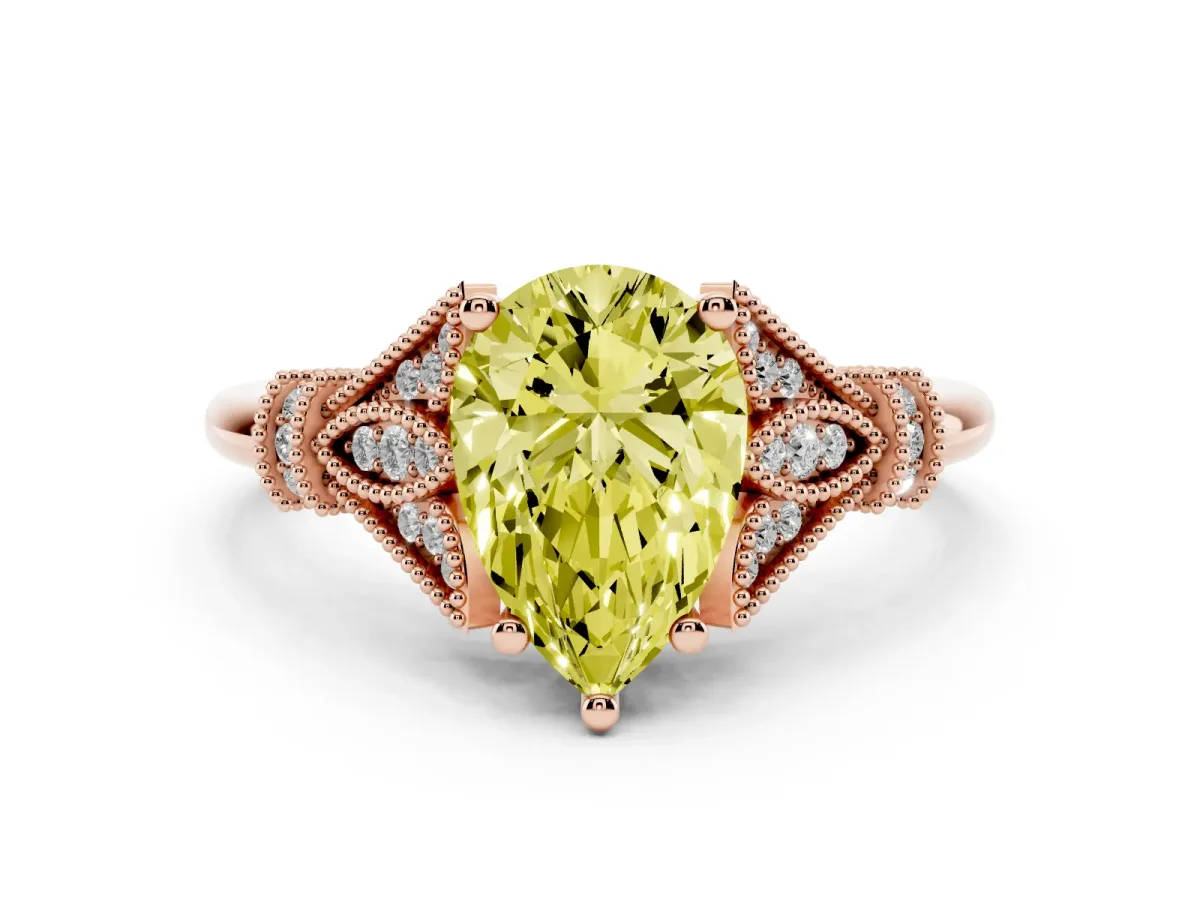 Fancy Yellow Pear Cut Diamond Solitaire Ring with Floral Filigree and Pave Accents Rose gold