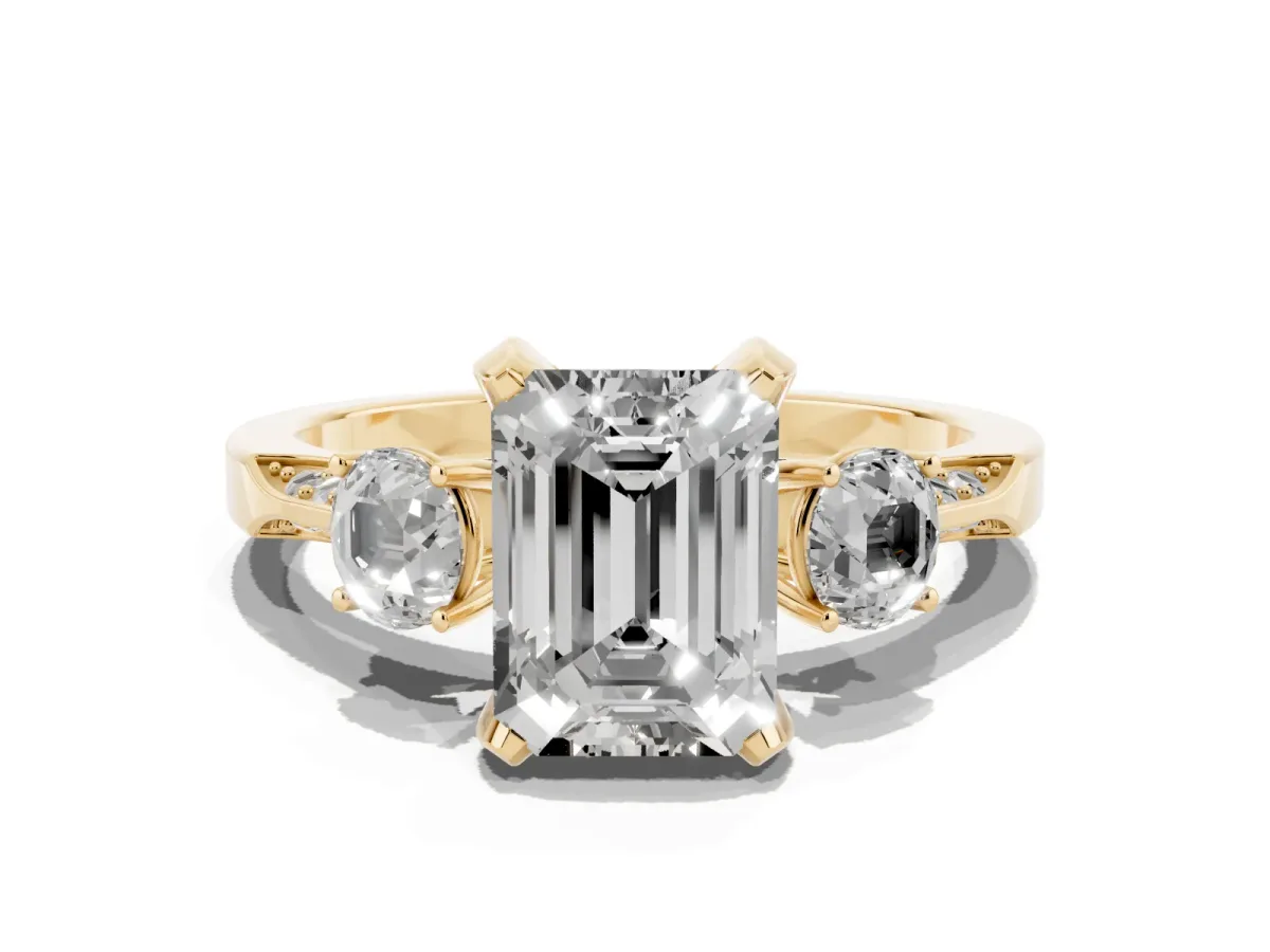 Fancy Green Emerald Cut Brilliant Three-Stone Diamond Ring with Pavé Band and Four-Prong Setting Yellow gold
