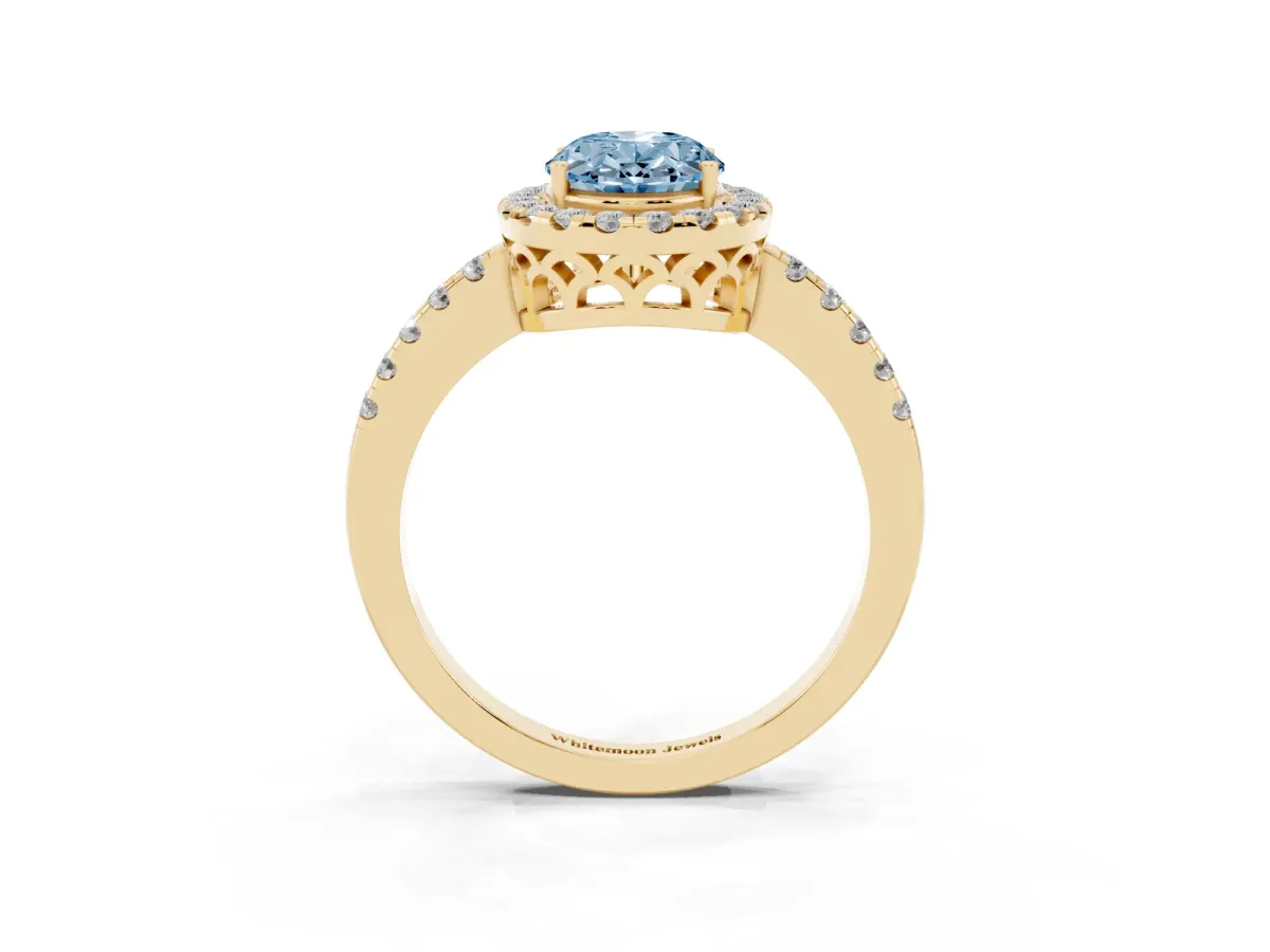 Fancy Blue Oval Cut Halo Diamond Engagement Ring with Pavé Band and Four-Prong Setting Yellow gold