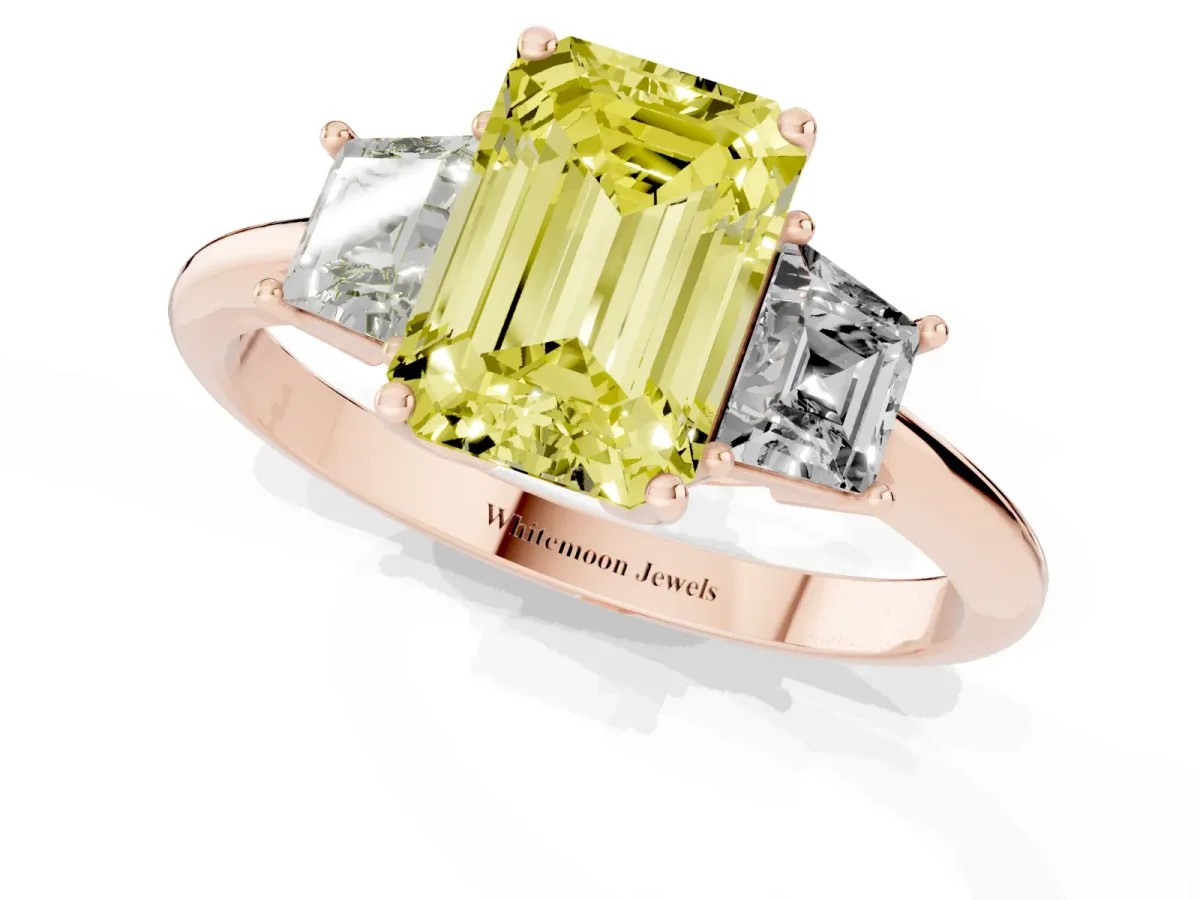 Fancy Yellow Emerald Cut Diamond Three-Stone Ring with Trapezoid Side Stones and Prong Setting Rose gold