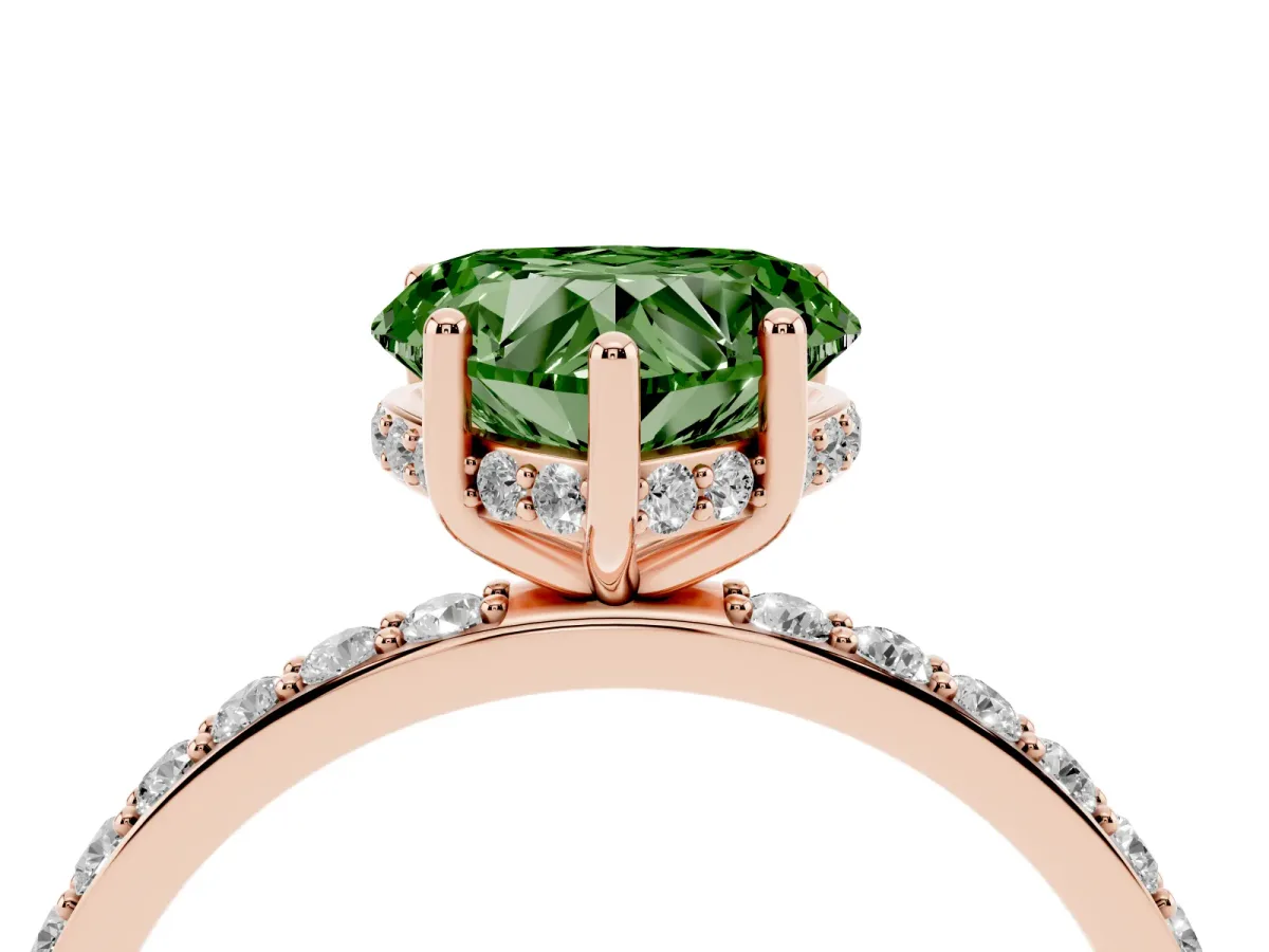 Fancy Green Heart Cut Diamond Solitaire Ring with Pavé Band and Hidden Halo Rose gold
