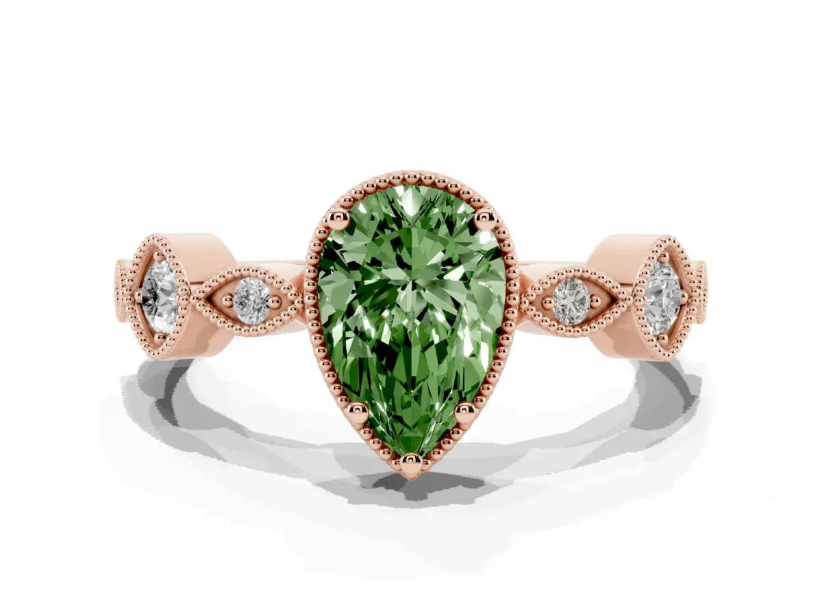 Fancy Green Pear Cut Diamond Vintage Milgrain Ring with Round Stations Rose gold