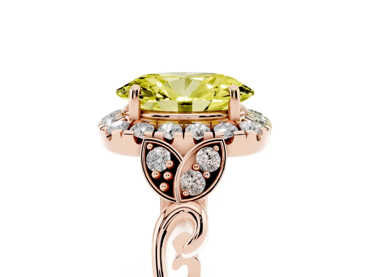 Fancy Yellow Oval Cut Halo Diamond Engagement Ring with Vintage-Inspired Band and Four-Prong Setting Rose gold