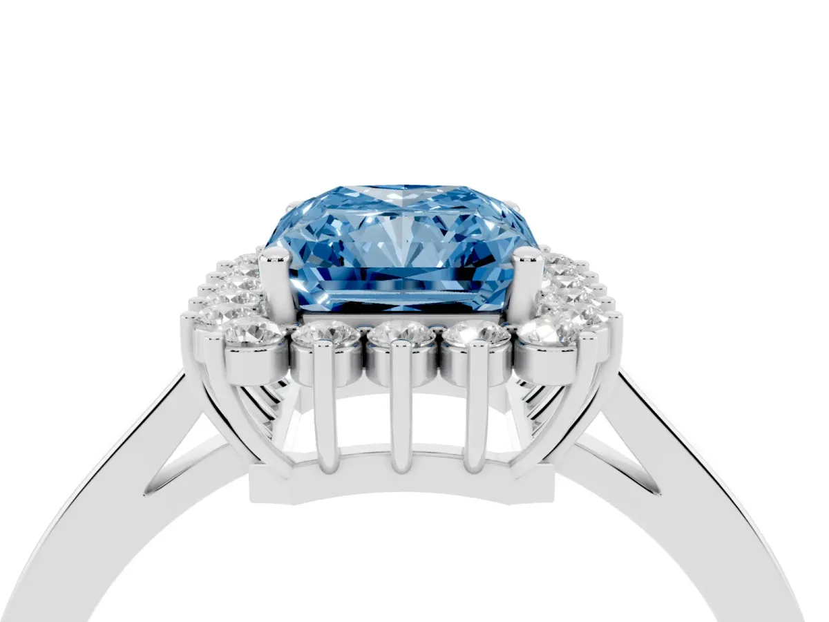 Fancy Blue Radiant Cut Cut Diamond Halo Ring with Round Brilliant Halo and Solitaire Band Silver