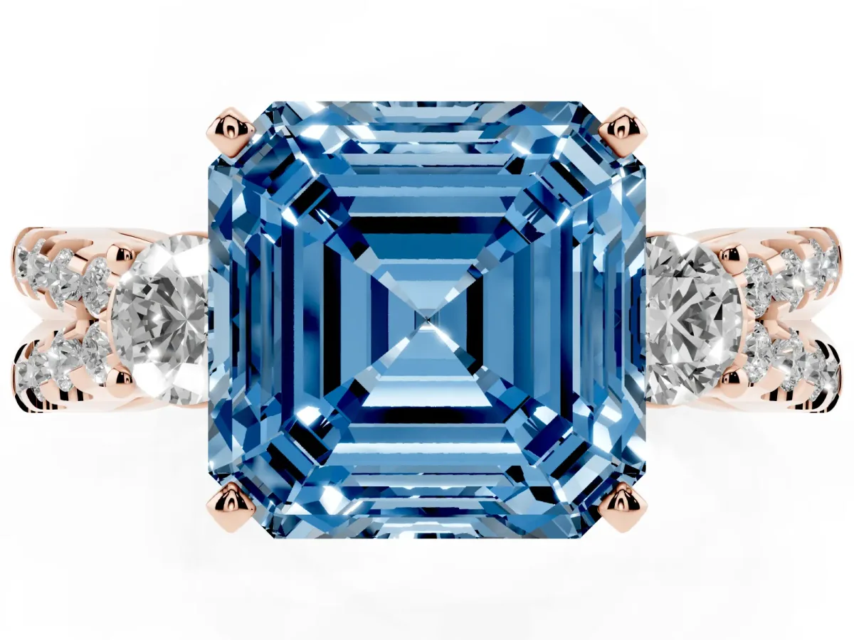 Fancy Blue Asscher Cut Diamond Three-Stone Ring with Pavé Split Shank and Four-Prong Setting Rose gold