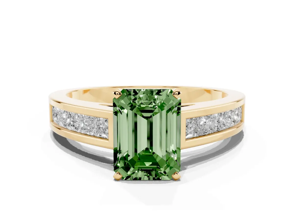 Fancy Green Emerald Cut Solitaire Diamond Ring with Channel-Set Band and Four-Prong Setting Yellow gold