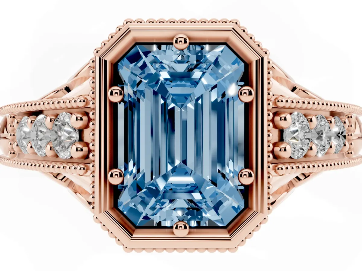 Fancy Blue Bezel Set Emerald Cut Diamond Milgrain Pave Engagement Ring Rose gold
