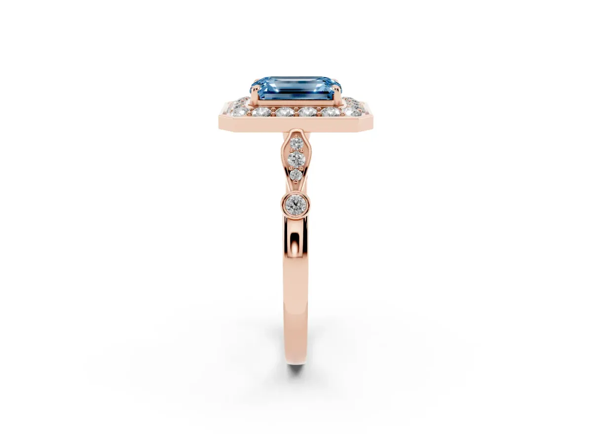 Fancy Blue Emerald Cut Halo Diamond Engagement Ring with Twisted Band and Four-Prong Setting Rose gold
