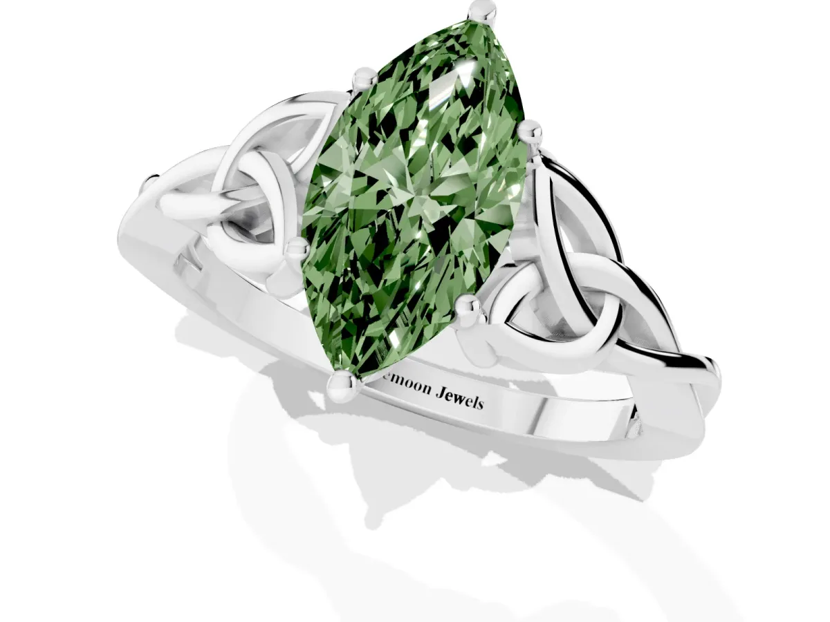 Fancy Green Marquise Cut Diamond Solitaire Engagement Ring with Celtic Knot Band and Four-Prong Setting Platinum