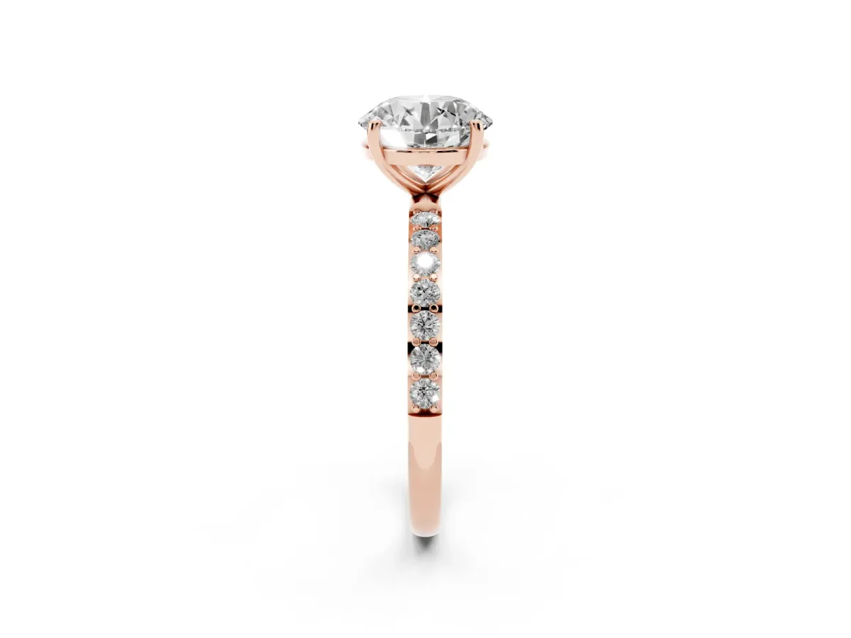 Round Cut Diamond Solitaire Ring with Round Pavé Shoulders and Prong Setting Rose gold