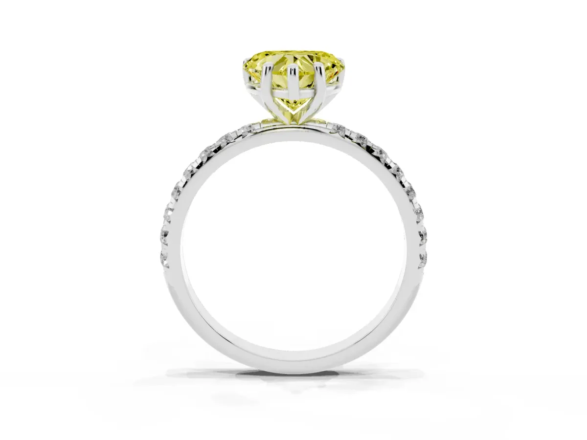Fancy Yellow Heart Cut Cut Diamond Solitaire Ring with Micro Pave Band and Four Prong Setting Silver