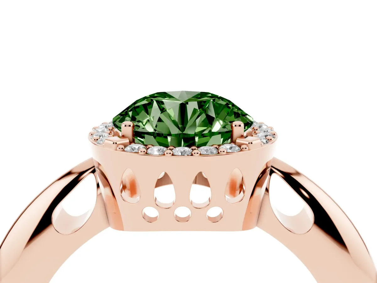 Fancy Green Round Cut Cut Diamond Halo Engagement Ring with Split Shank and Four-Prong Setting Rose gold