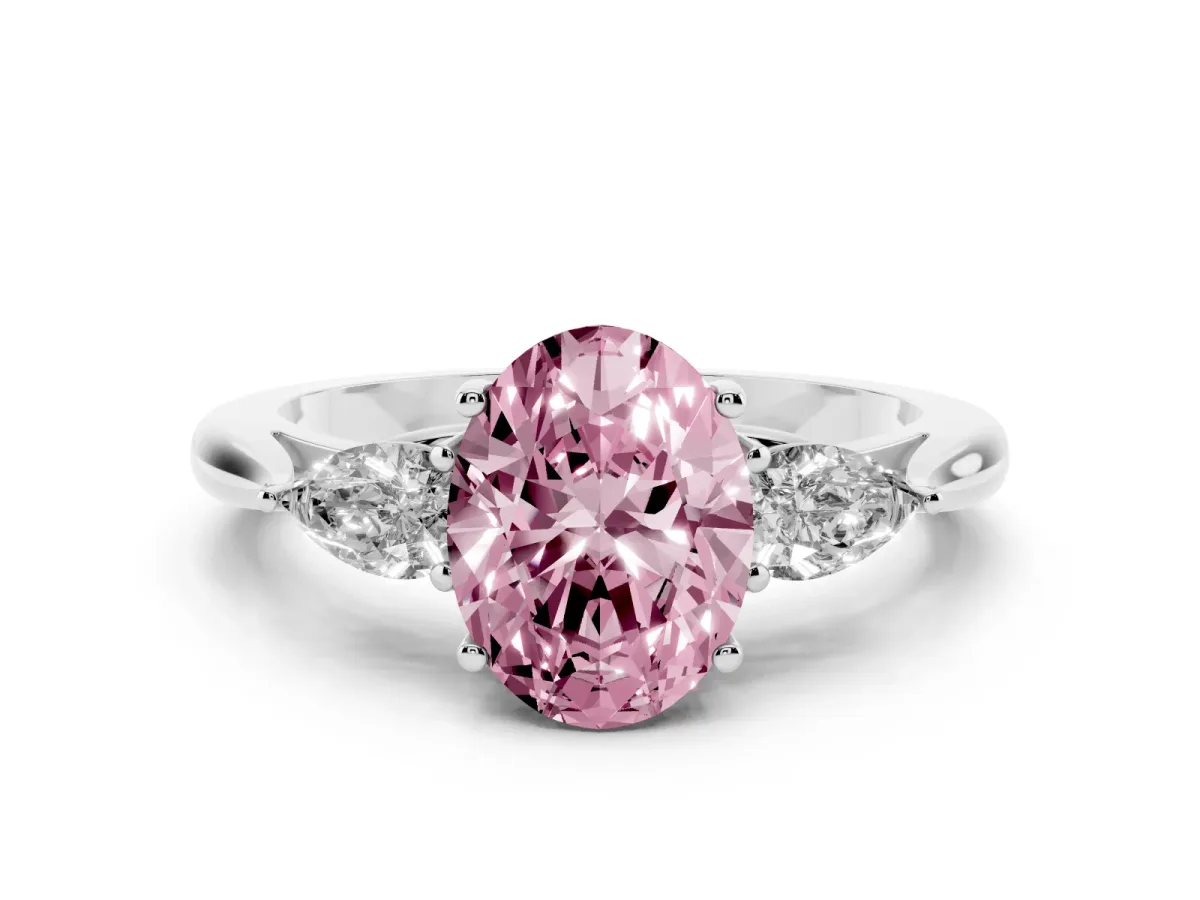 Fancy Pink Oval Cut Diamond Three-Stone Ring with Pear Side Stones and Prong Setting Silver