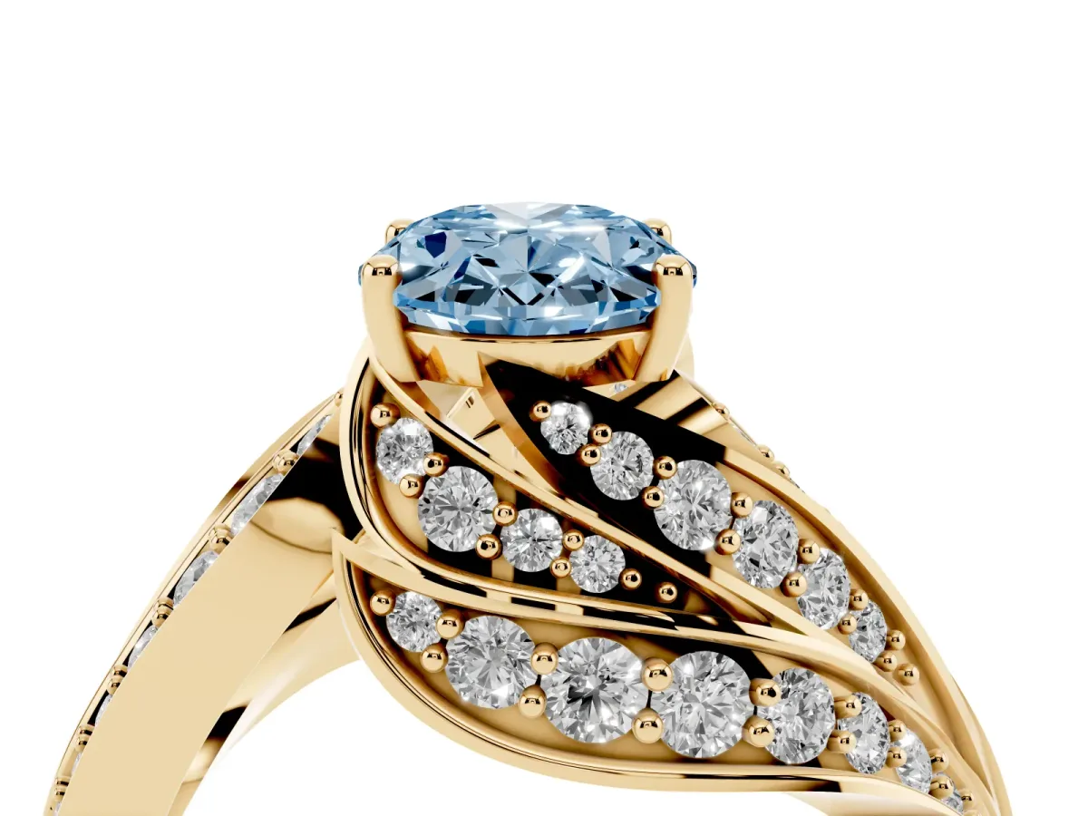 Fancy Blue Oval Cut Diamond Solitaire Ring with Prong Setting and Twisted Pavé Band Yellow gold