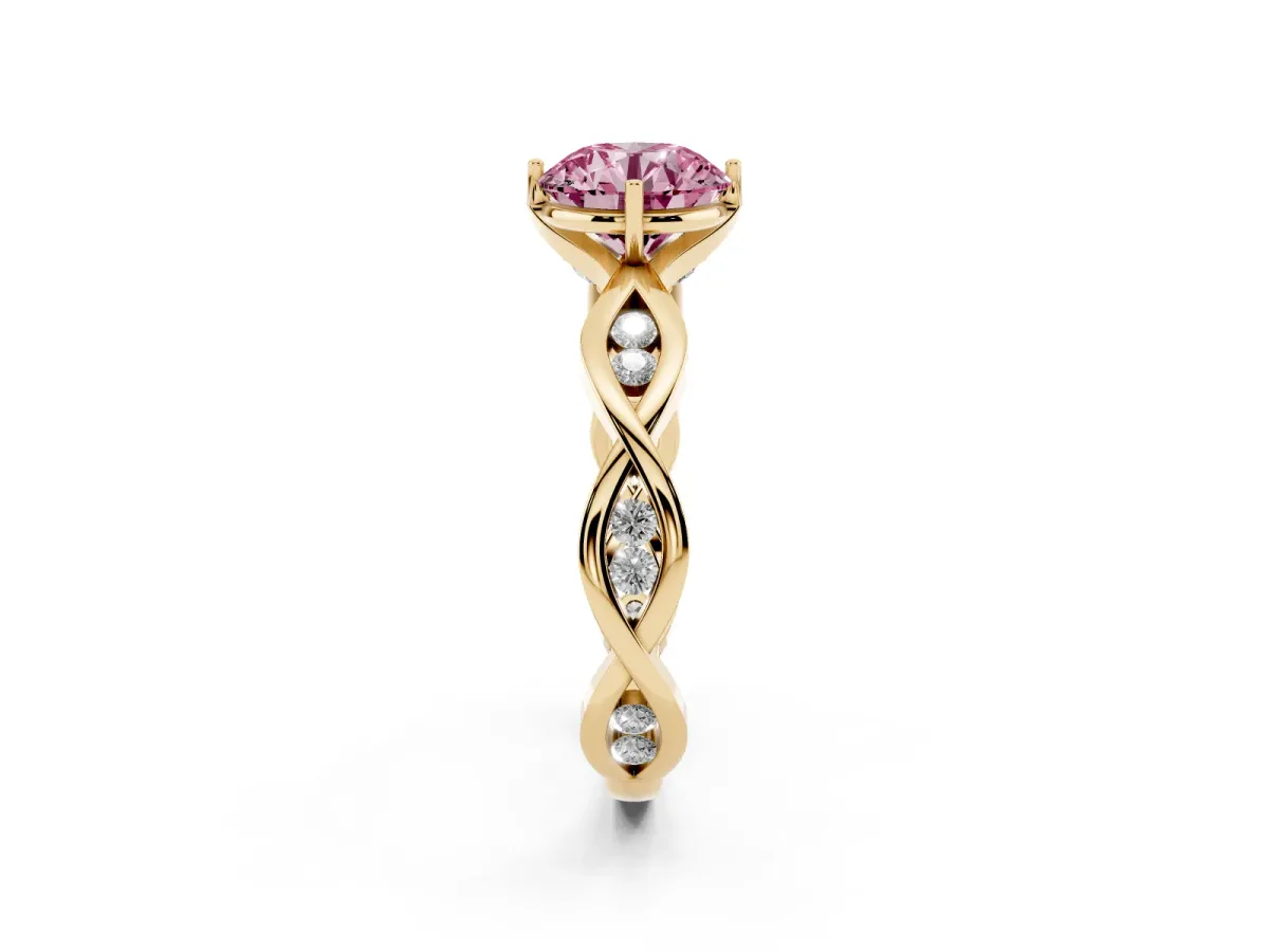Fancy Pink Round Cut Solitaire Twist Band with Leaf Prong Setting Yellow gold