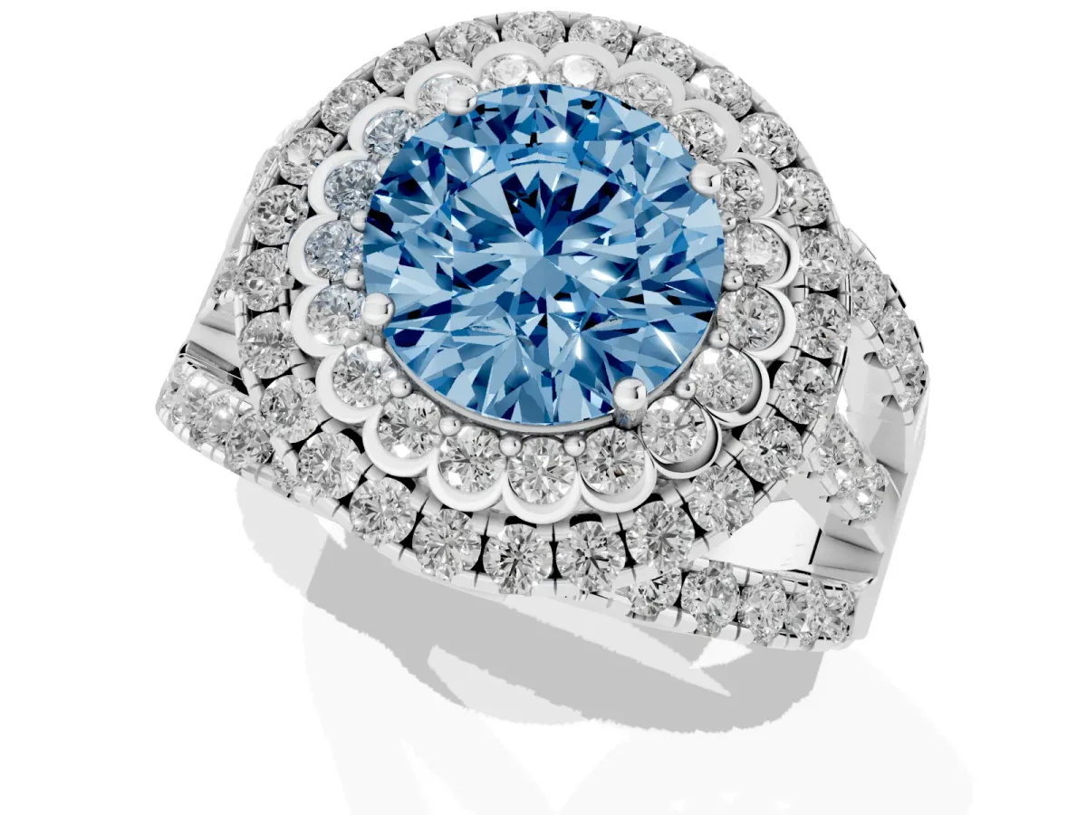 Fancy Blue Round Cut Diamond Double Halo Ring with Round Pavé Split Shank and Prong Setting Silver