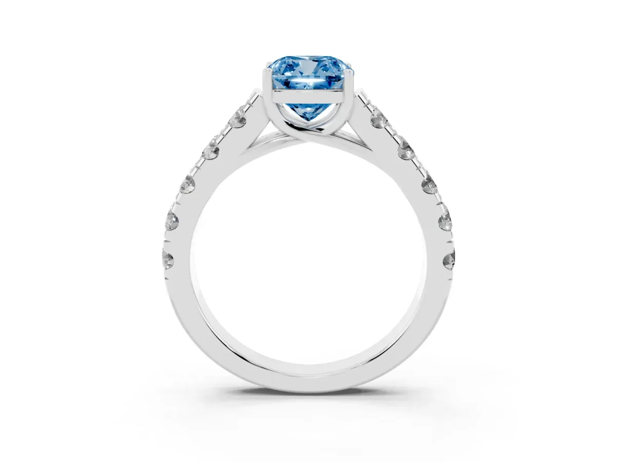 Fancy Blue Cushion Cut Cut Diamond Solitaire Ring with Micro Pave Band and Prong Setting Platinum
