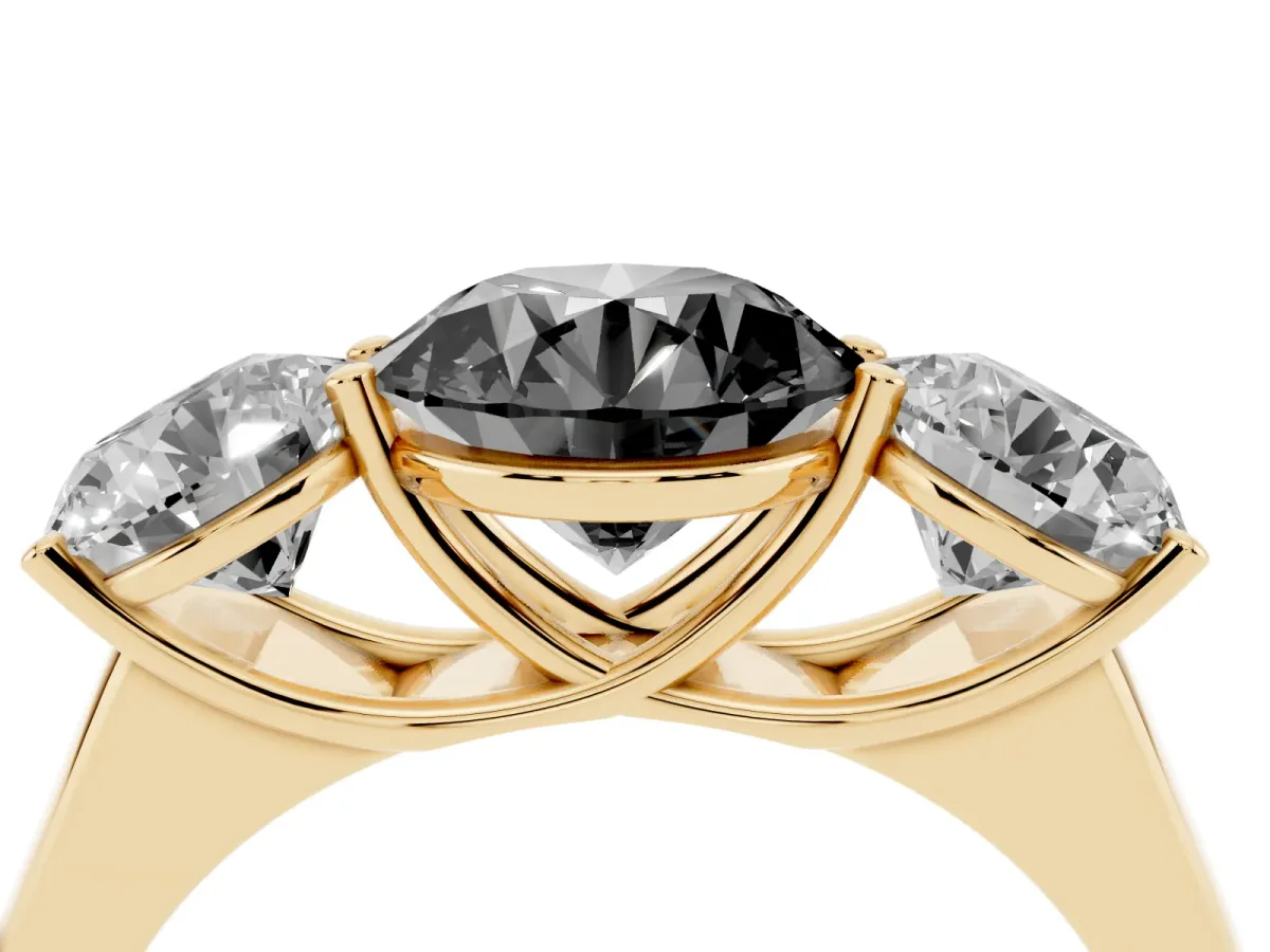 Fancy Black Round Cut Three-Stone Diamond Ring with Prong Setting on a Classic Band Yellow gold
