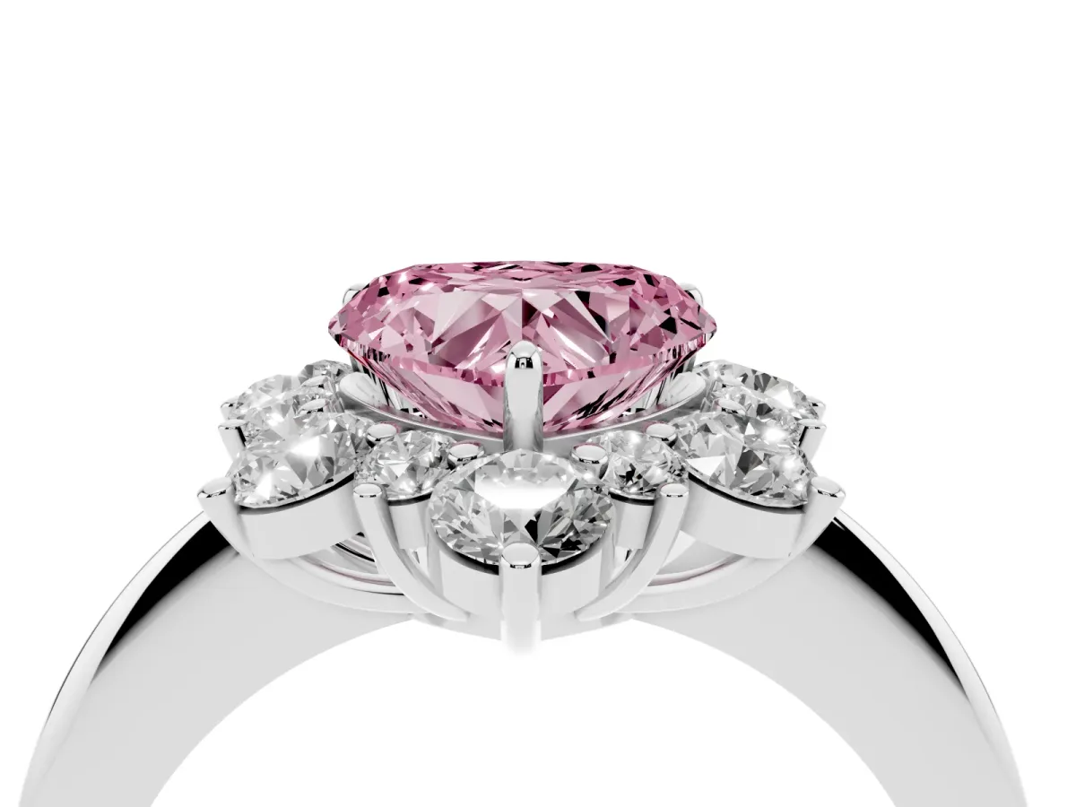 Fancy Pink Heart Cut Diamond Cluster Halo Ring with Solitaire Band and Four-Prong Setting Silver