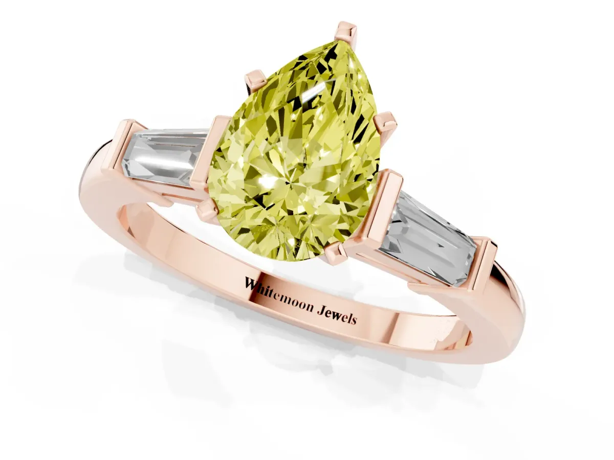 Fancy Yellow Pear Cut Cut Diamond Solitaire Ring with Tapered Baguette Accents and Four-Prong Setting Rose gold