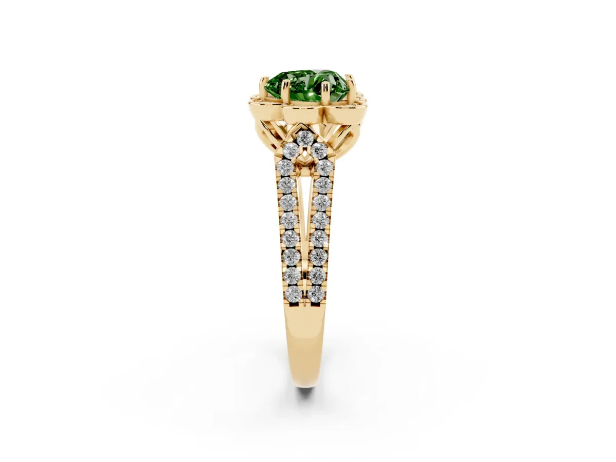Fancy Green Heart Cut Halo Diamond Floral Split Shank Engagement Ring Yellow gold