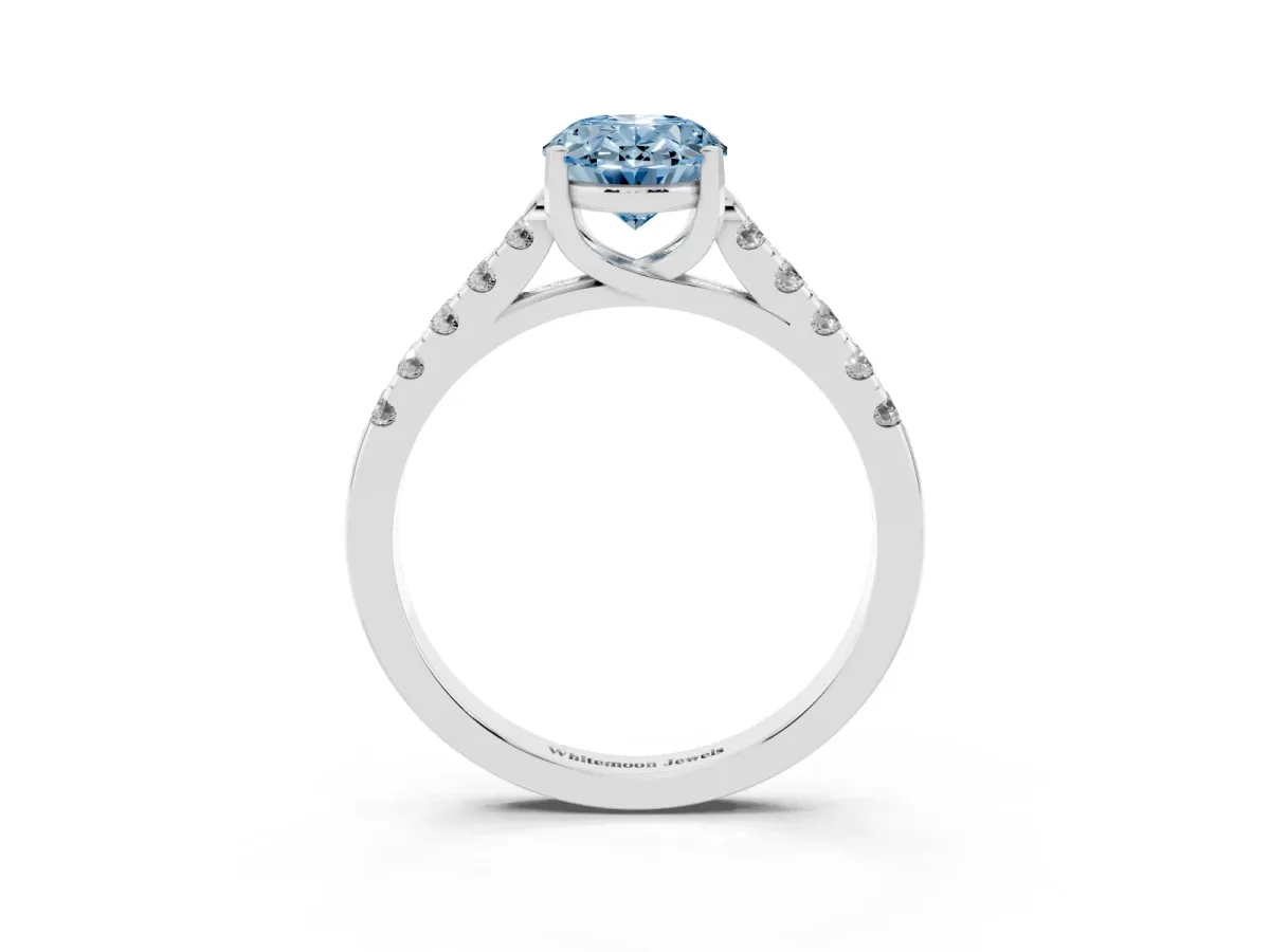 Fancy Blue Oval Cut Diamond Pavé Band Solitaire Ring with Prong Setting Platinum
