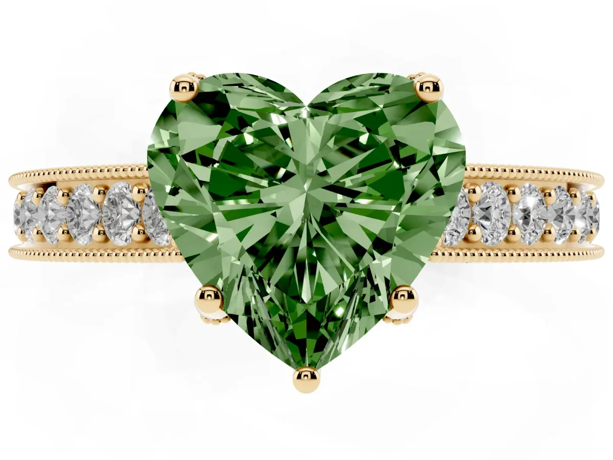 Fancy Green Heart Cut Cut Diamond Solitaire Ring with Milgrain Pave Band and Four Prong Setting Yellow gold