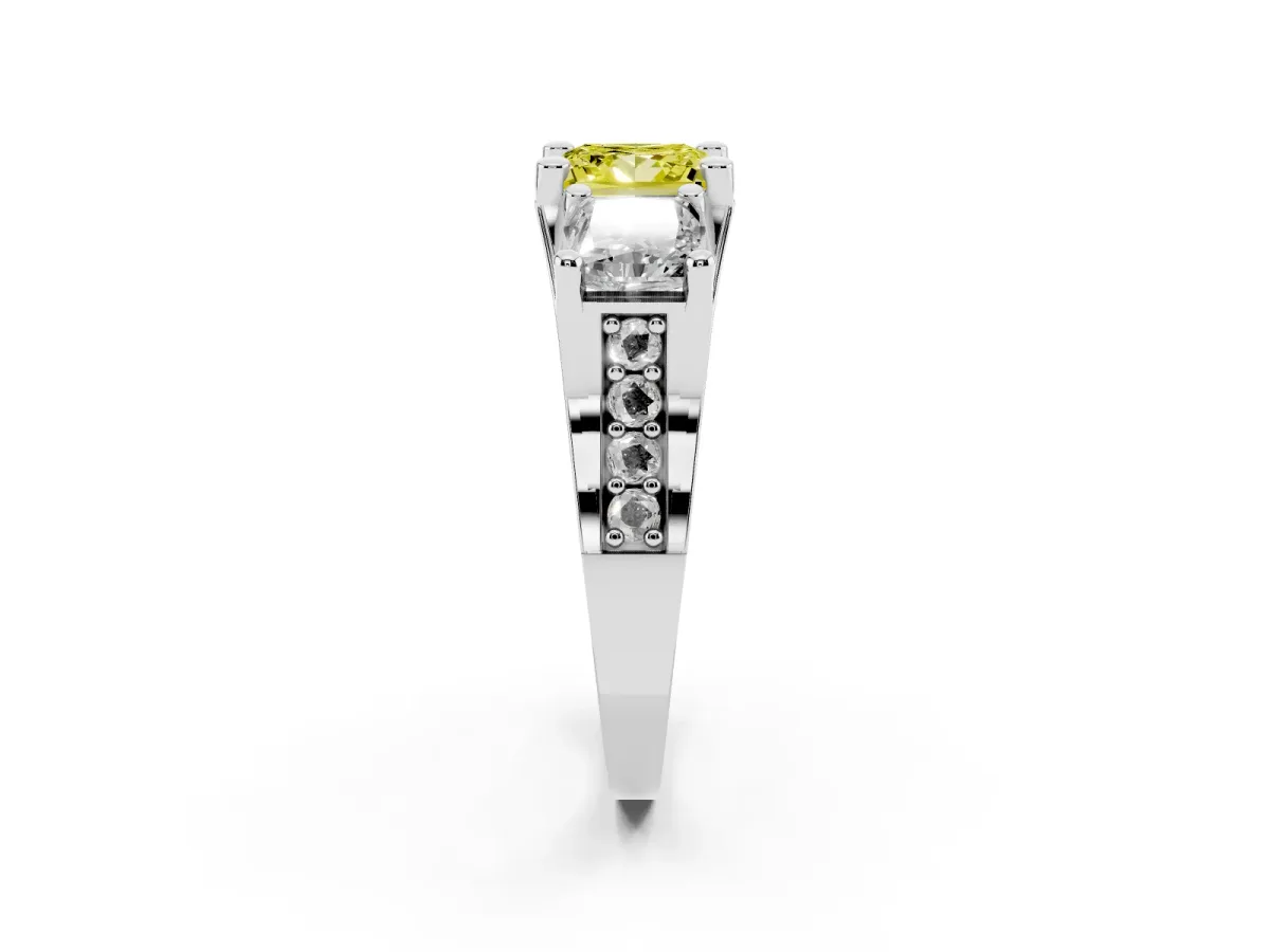 Fancy Yellow Princess Cut Diamond Three-Stone Ring with Channel Set Band and Four-Prong Setting Silver
