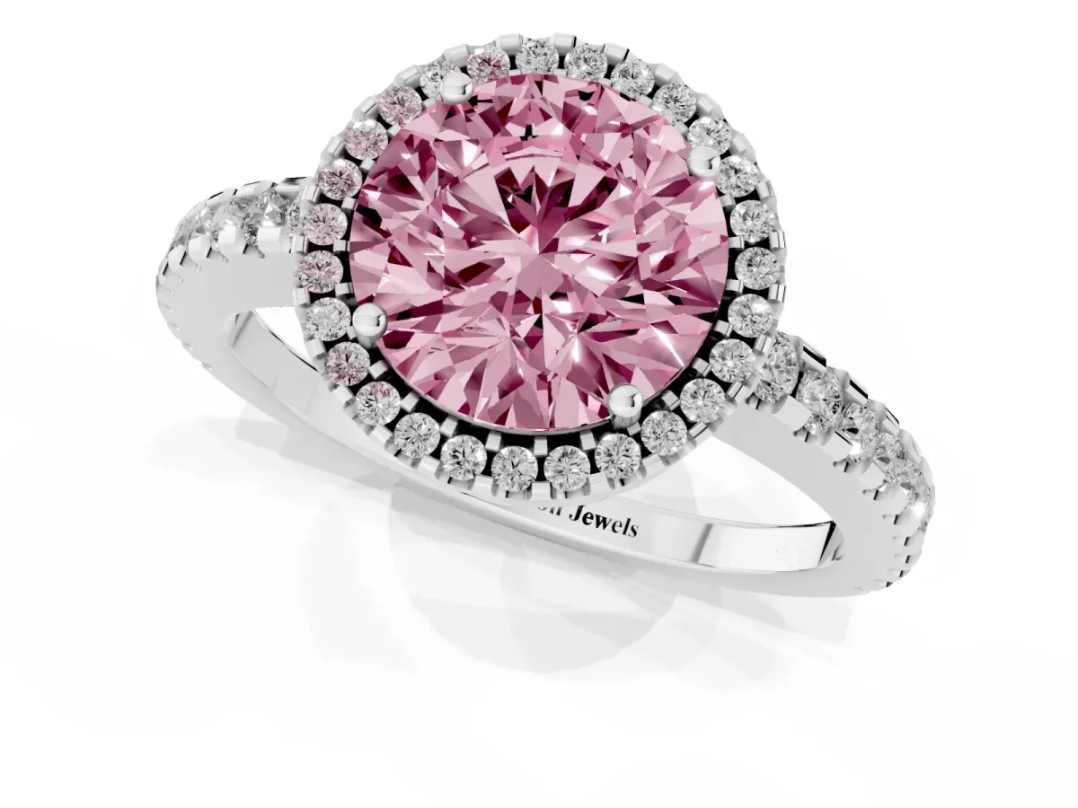 Fancy Pink Round Cut Diamond Halo Engagement Ring with Pavé Band and Prong Setting Platinum