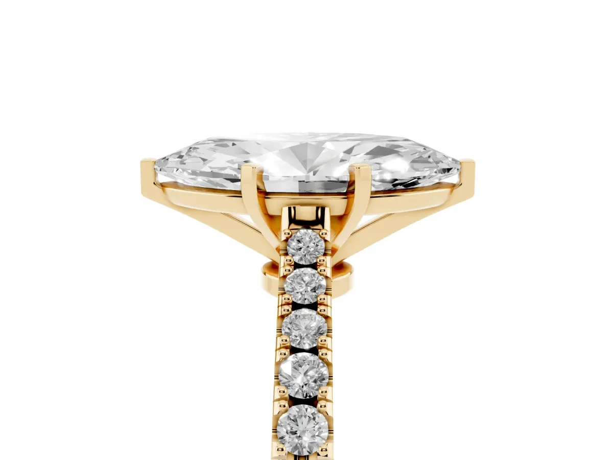 Marquise Cut Cut Solitaire Diamond Engagement Ring with Pave Band and Four-Prong Setting Yellow gold