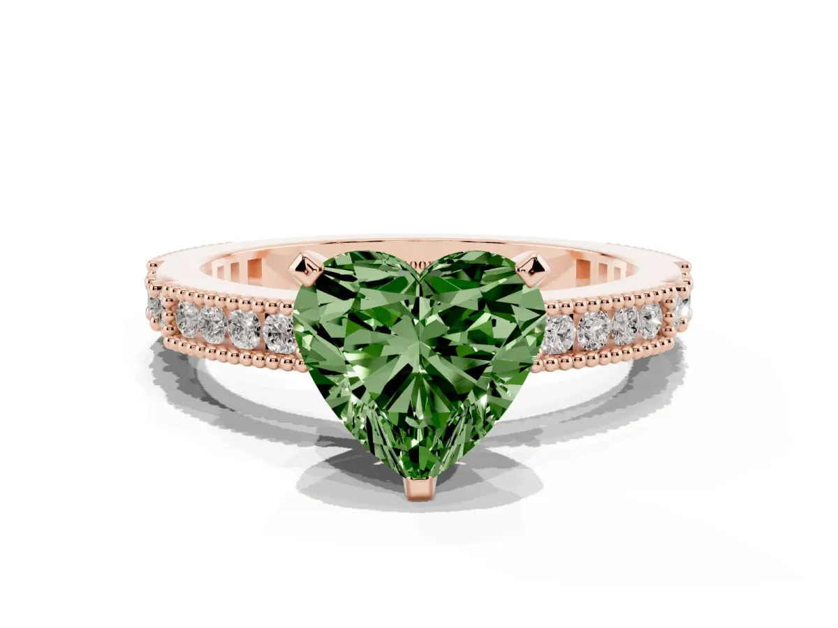 Fancy Green Heart Cut Solitaire with Pavé Band and Four-Prong Setting Rose gold