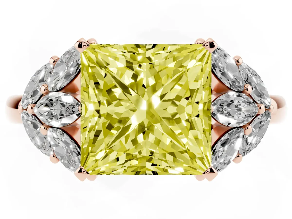 Fancy Yellow Princess Cut Diamond Cluster Leaf Design Ring with Prong Setting Rose gold