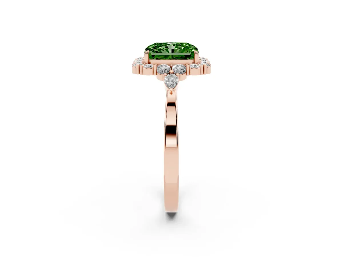 Fancy Green Radiant Cut Diamond Halo Ring with Pear Side Stones and Prong Setting Rose gold