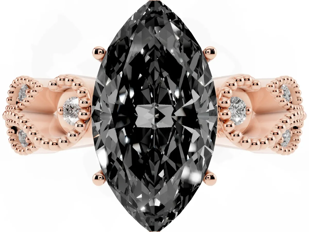 Fancy Black Marquise Cut Solitaire Milgrain Leaf Band with Prong Setting Rose gold