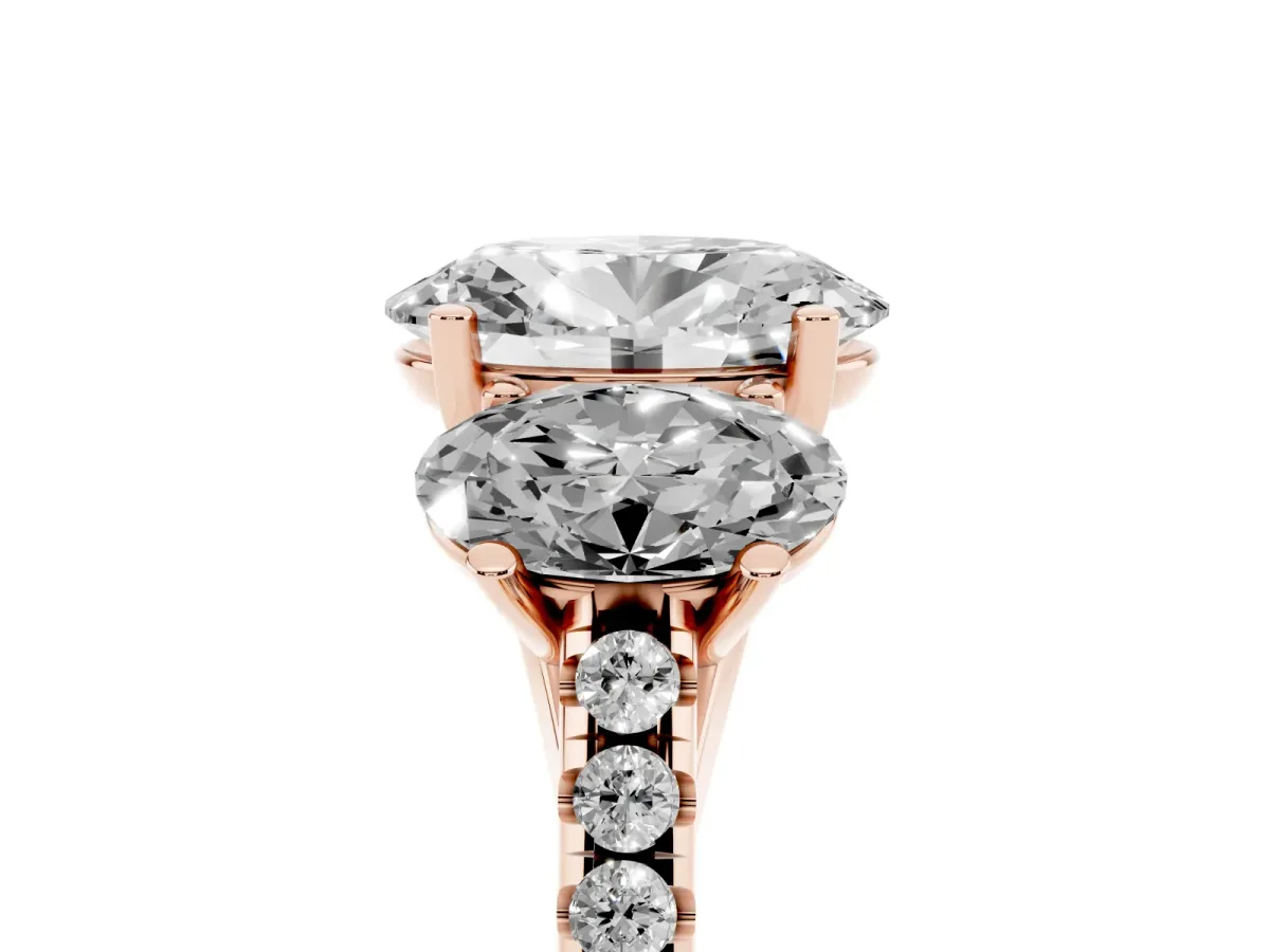 Three-Stone Oval Cut Diamond Ring with Round Pavé Band and Prong Setting Rose gold