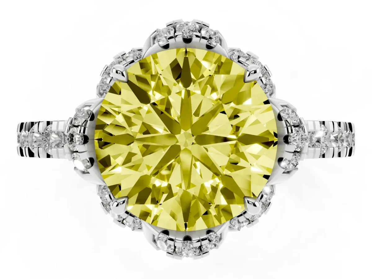 Fancy Yellow Round Cut Diamond Halo Pave Band with Four-Prong Setting Silver