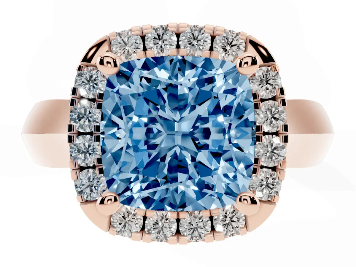 Fancy Blue Cushion Cut Cut Halo Solitaire Engagement Ring with Square Band and Four-Prong Setting Rose gold